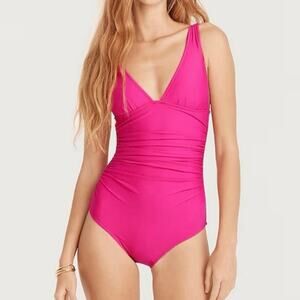 J. Crew Fuchsia Pink Ruched V Neck Plunge One Piece Swimsuit SZ 6 Beach Vacation